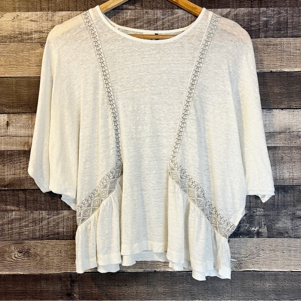 Akemi + Kin Anthropologie Ivory Linen Embroidered Dolman Top XS Boho Festival